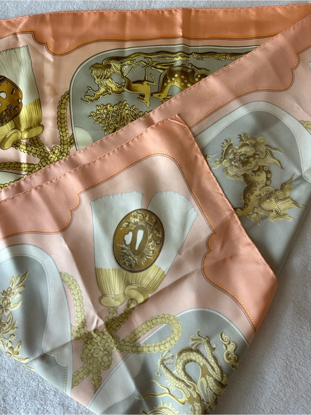 Hermes Peach and Gold Silk Scarf with Ornate Dragon Panels - Picture 15 of 16